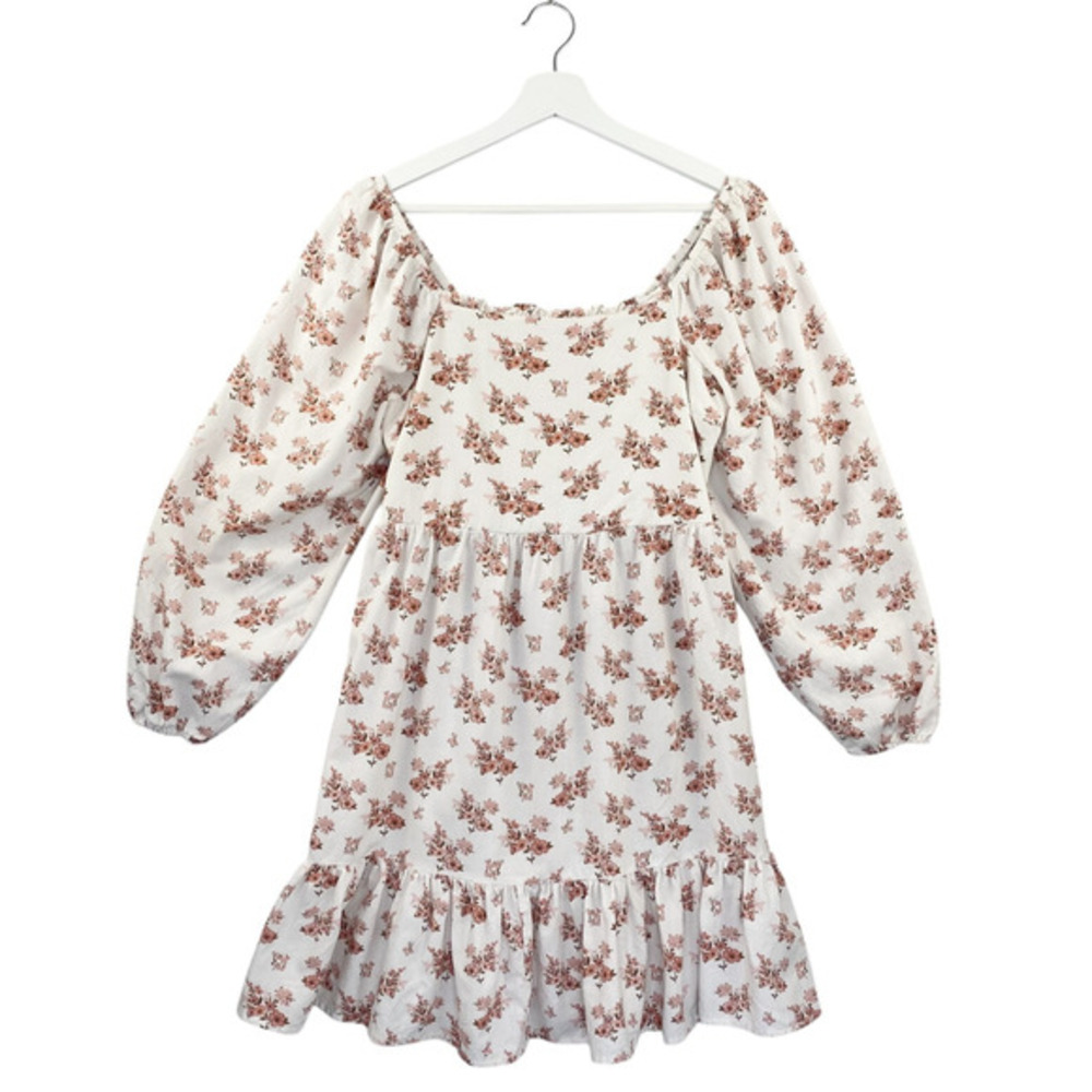 Celebrity Pink Dress Womens Junior Medium Floral Long Puff Sleeve Smocked Tiered